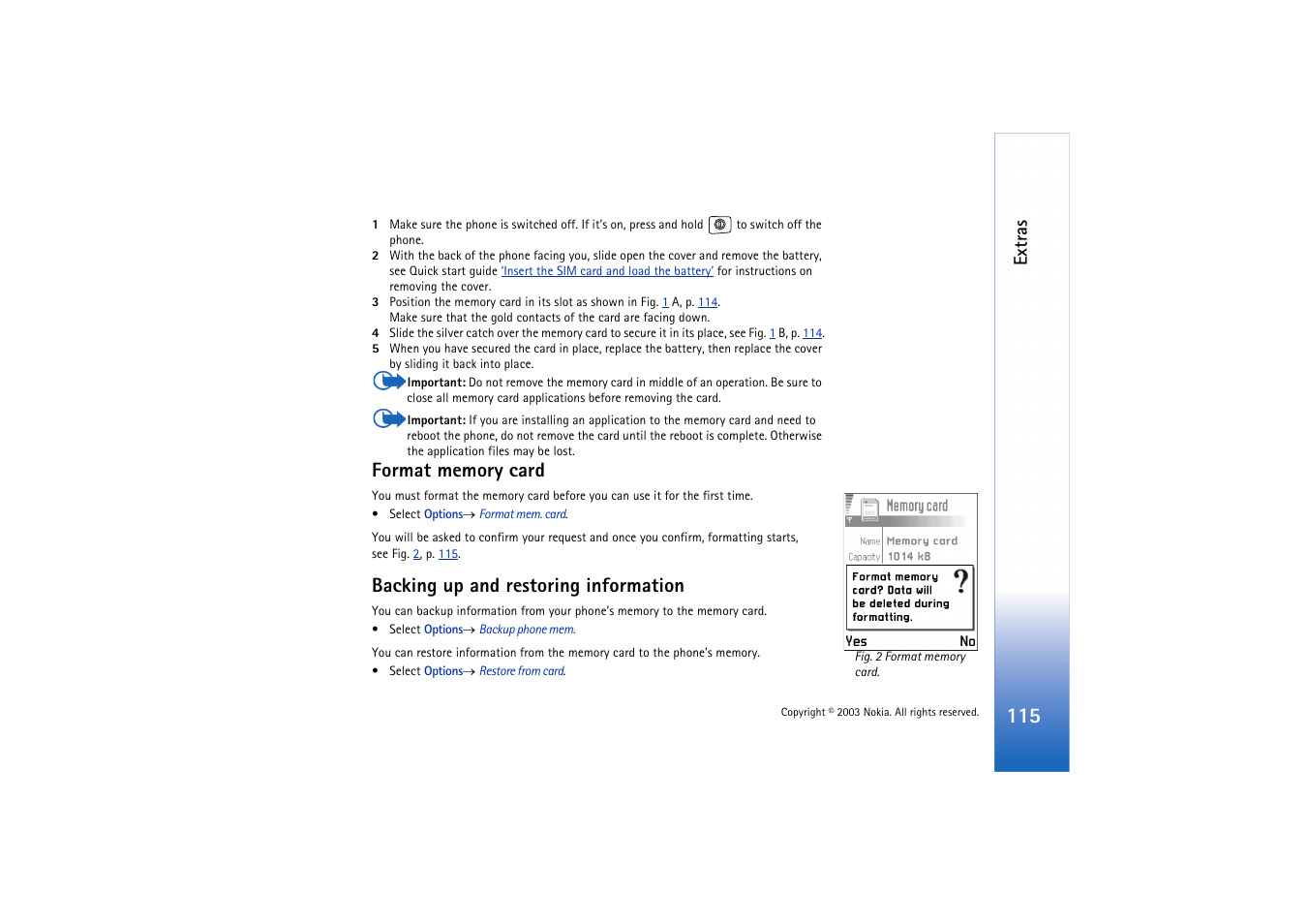 Format memory card, Backing up and restoring information, Extras | Nokia 3660 User Manual | Page 115 / 157