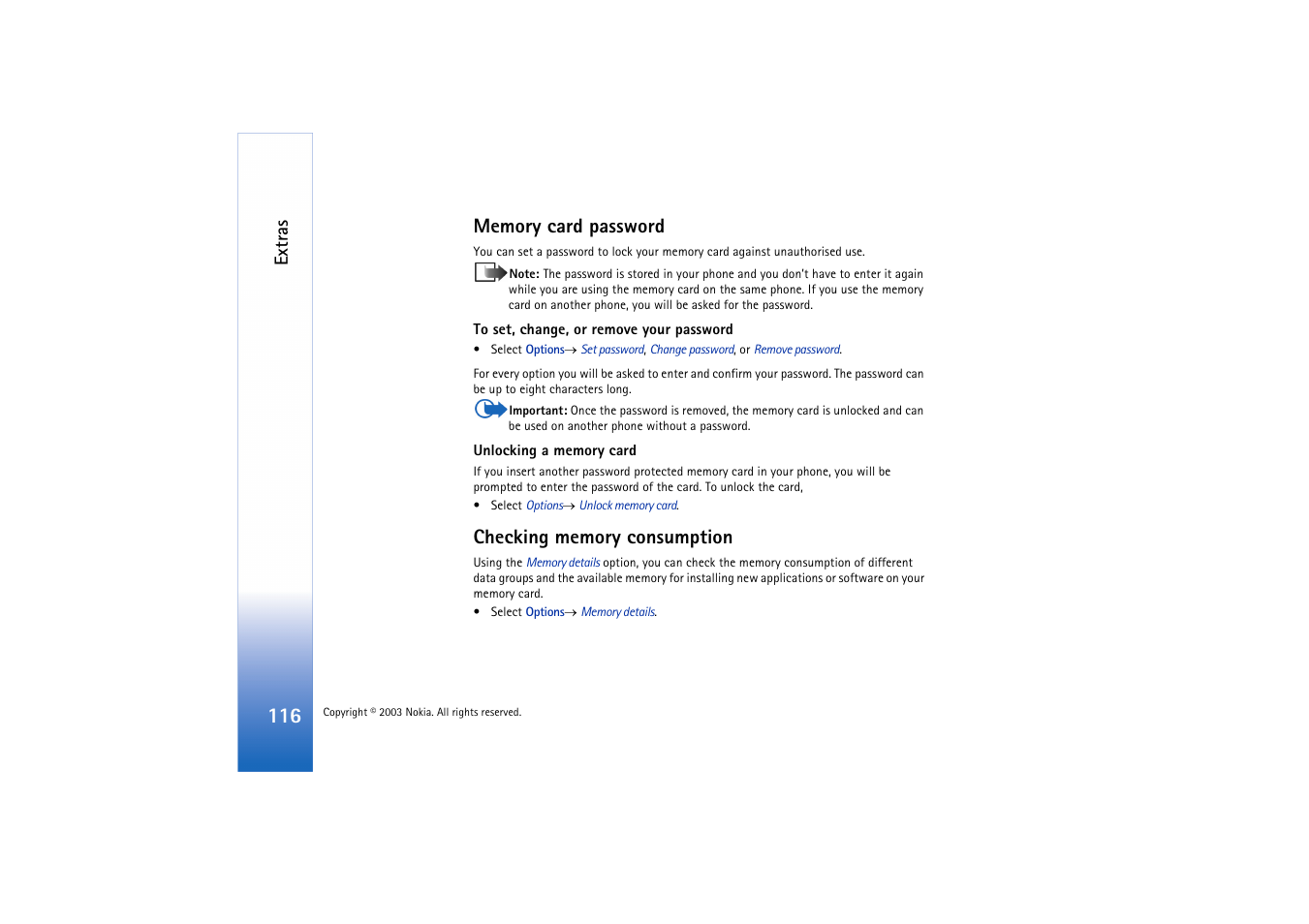 Memory card password, Checking memory consumption | Nokia 3660 User Manual | Page 116 / 157