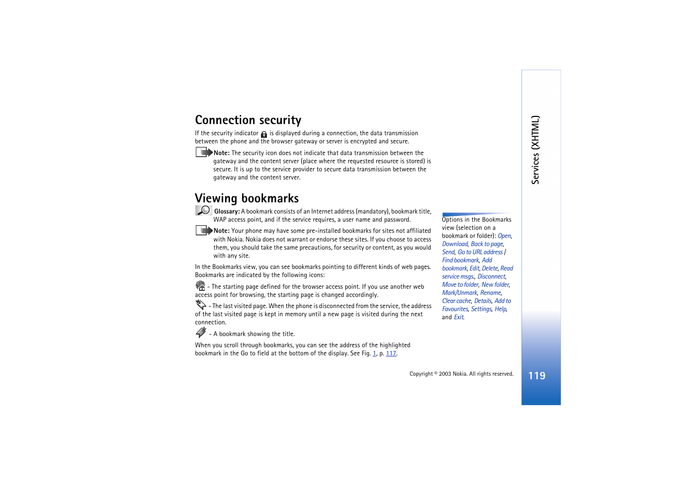 Connection security, Viewing bookmarks, Connection security viewing bookmarks | Services (xhtml) | Nokia 3660 User Manual | Page 119 / 157