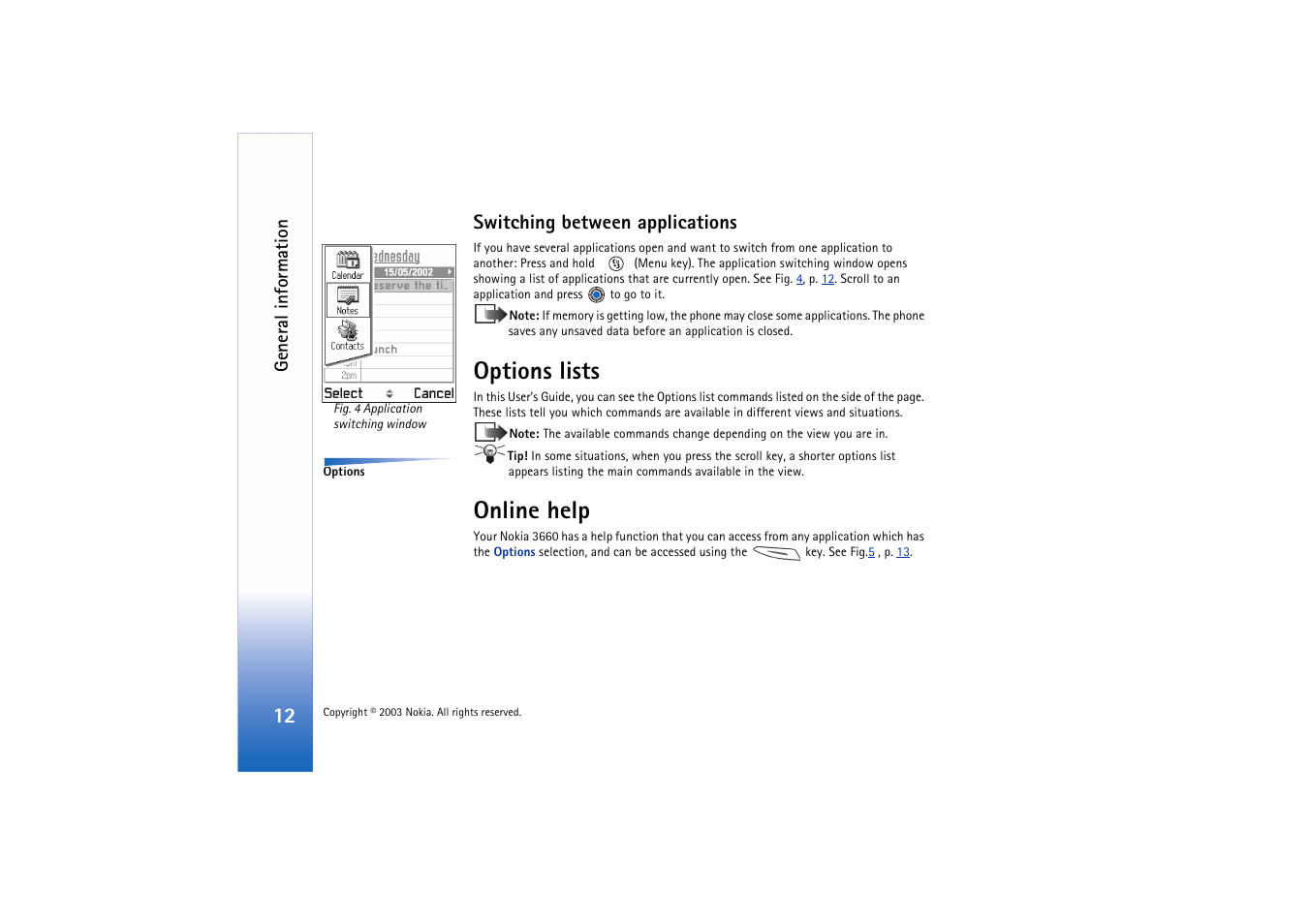 Switching between applications, Options lists, Online help | Options lists online help | Nokia 3660 User Manual | Page 12 / 157
