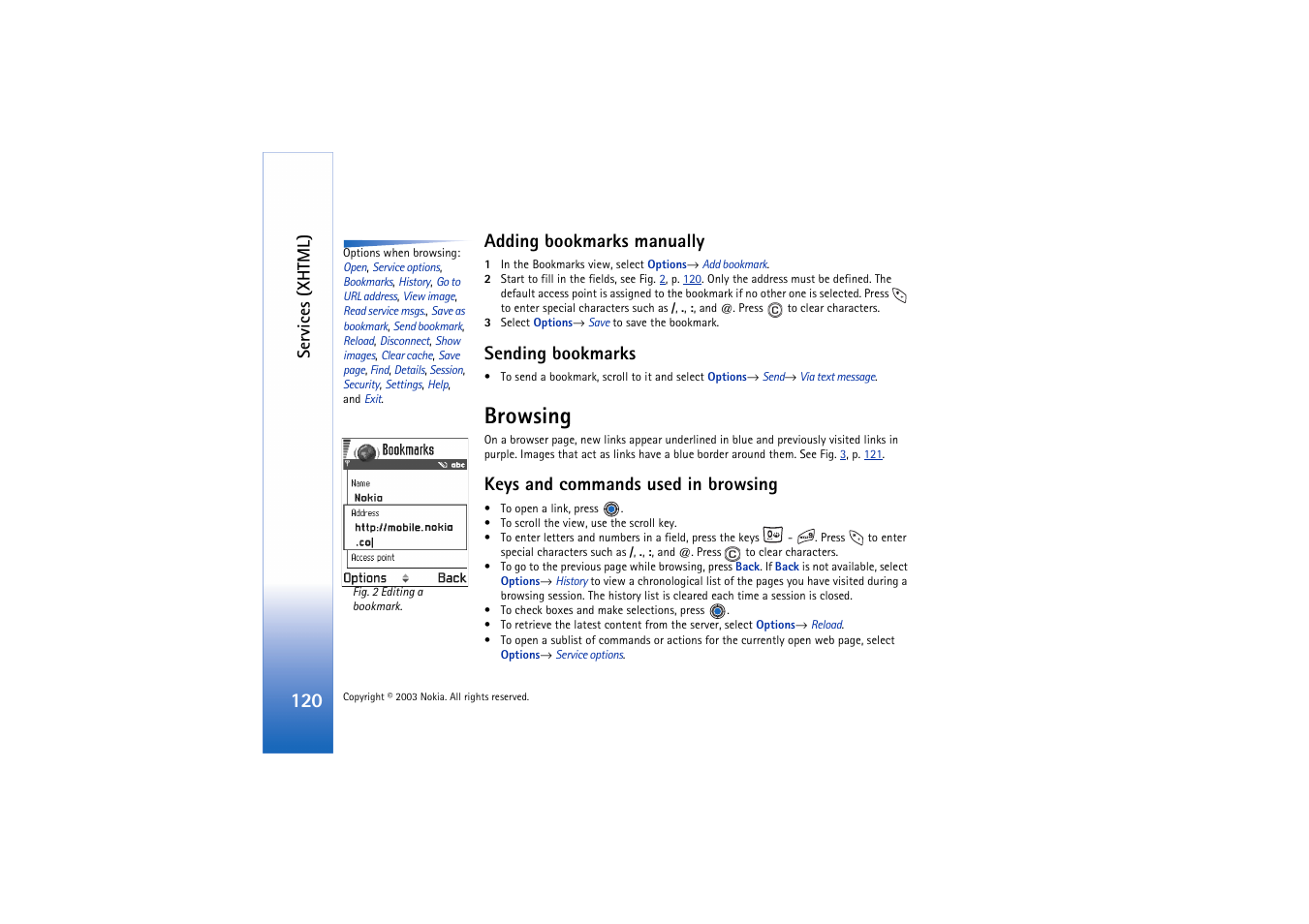 Adding bookmarks manually, Sending bookmarks, Browsing | Keys and commands used in browsing | Nokia 3660 User Manual | Page 120 / 157