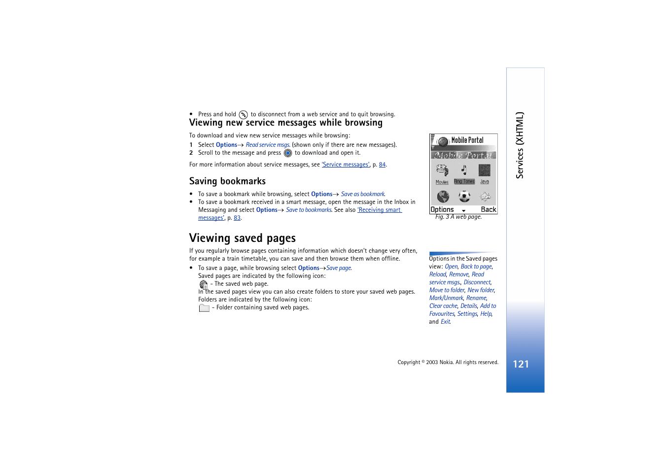 Viewing new service messages while browsing, Saving bookmarks, Viewing saved pages | Services (xhtml) | Nokia 3660 User Manual | Page 121 / 157