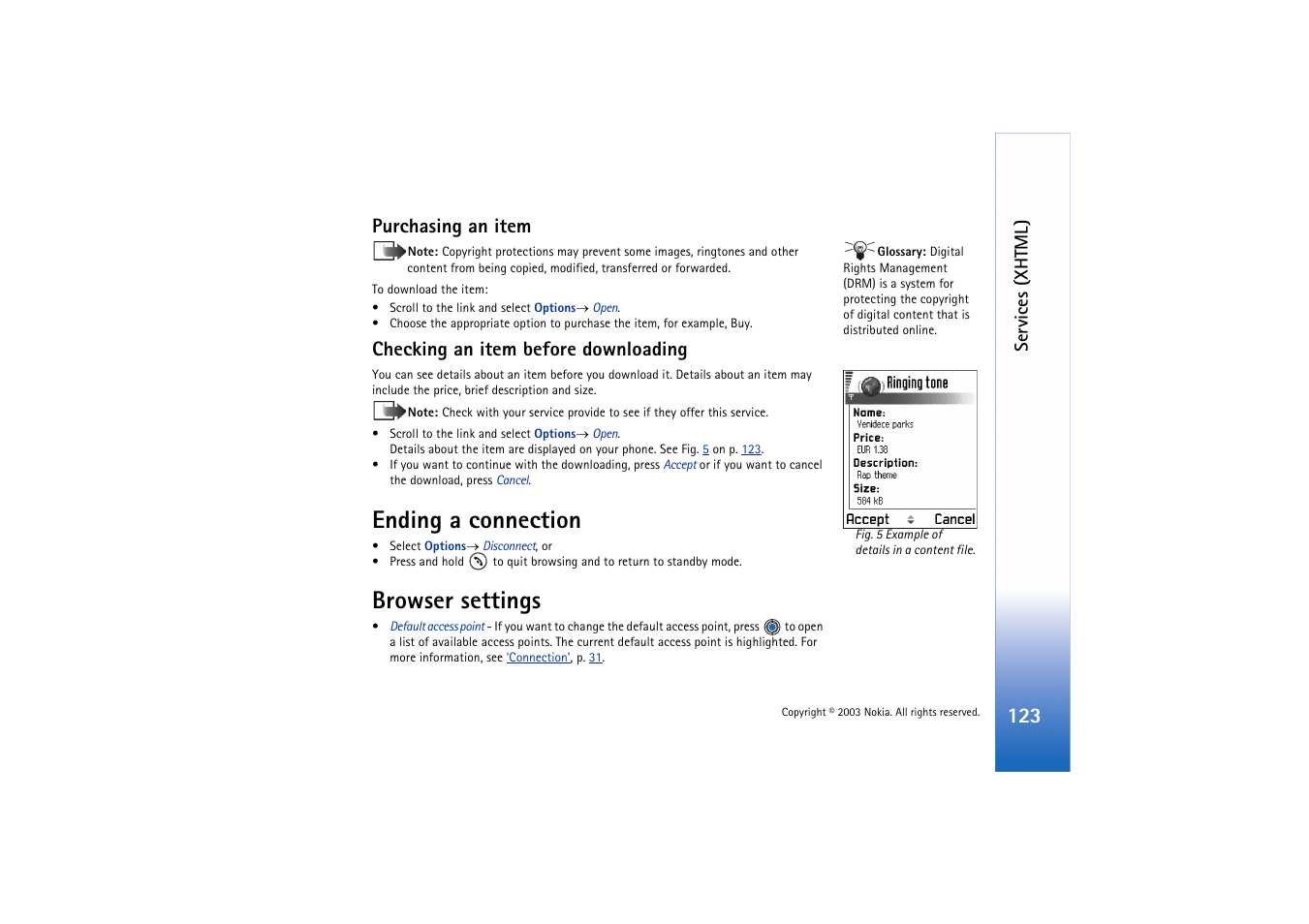 Purchasing an item, Checking an item before downloading, Ending a connection | Browser settings, Ending a connection browser settings | Nokia 3660 User Manual | Page 123 / 157