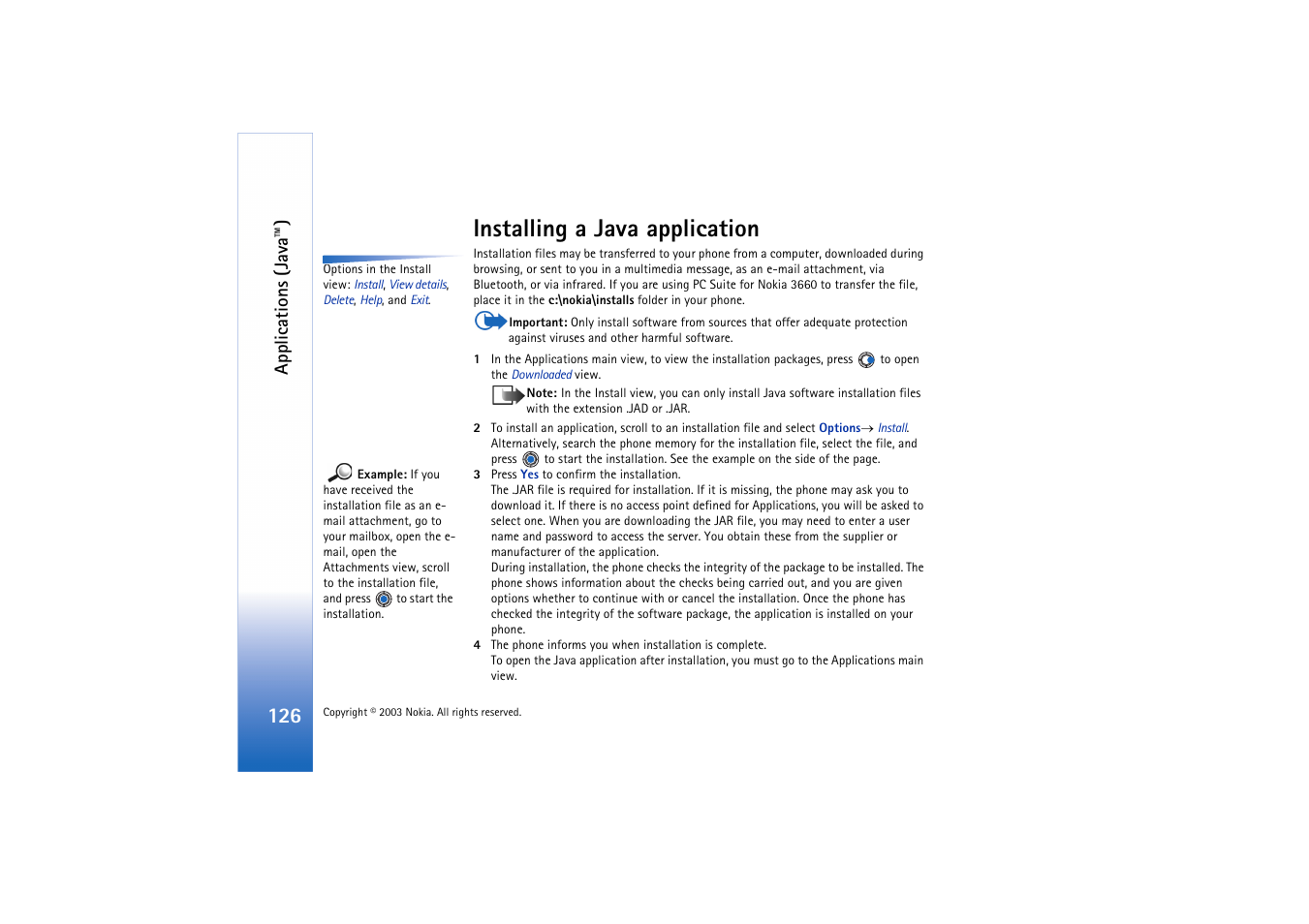 Installing a java application, Applications (java™) | Nokia 3660 User Manual | Page 126 / 157