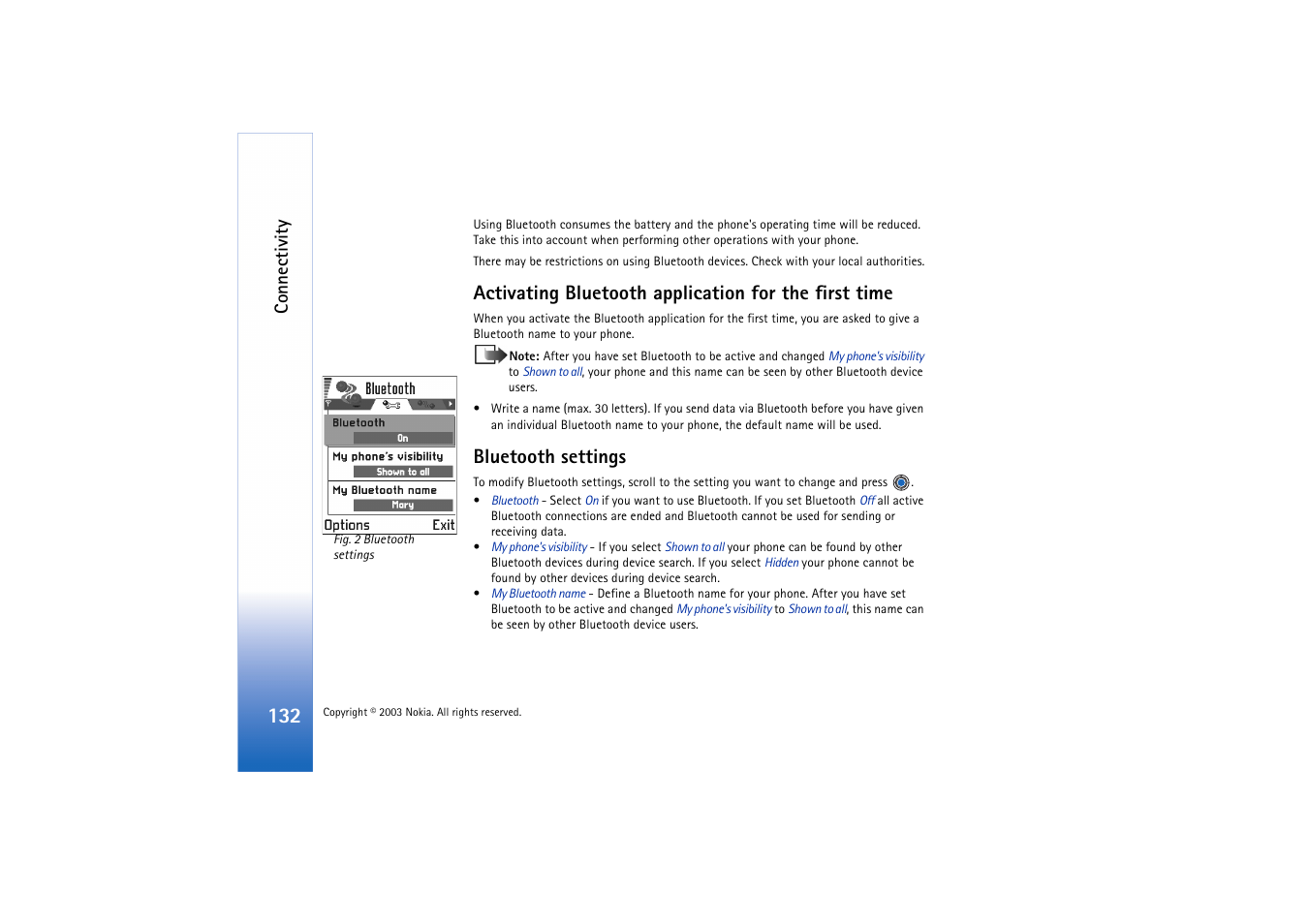Bluetooth settings, Connectivity | Nokia 3660 User Manual | Page 132 / 157