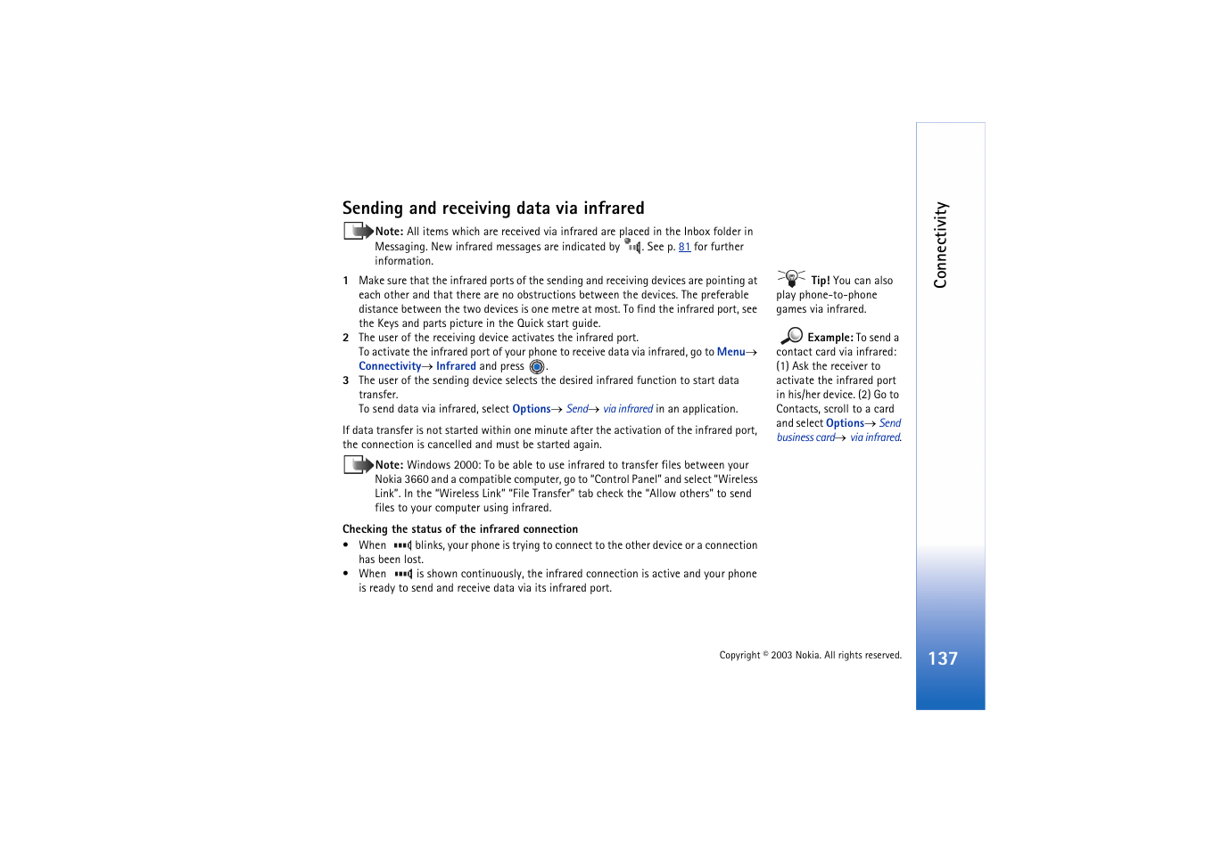 Sending and receiving data via infrared, Sending and receiving data via, Infrared | Connectivity | Nokia 3660 User Manual | Page 137 / 157