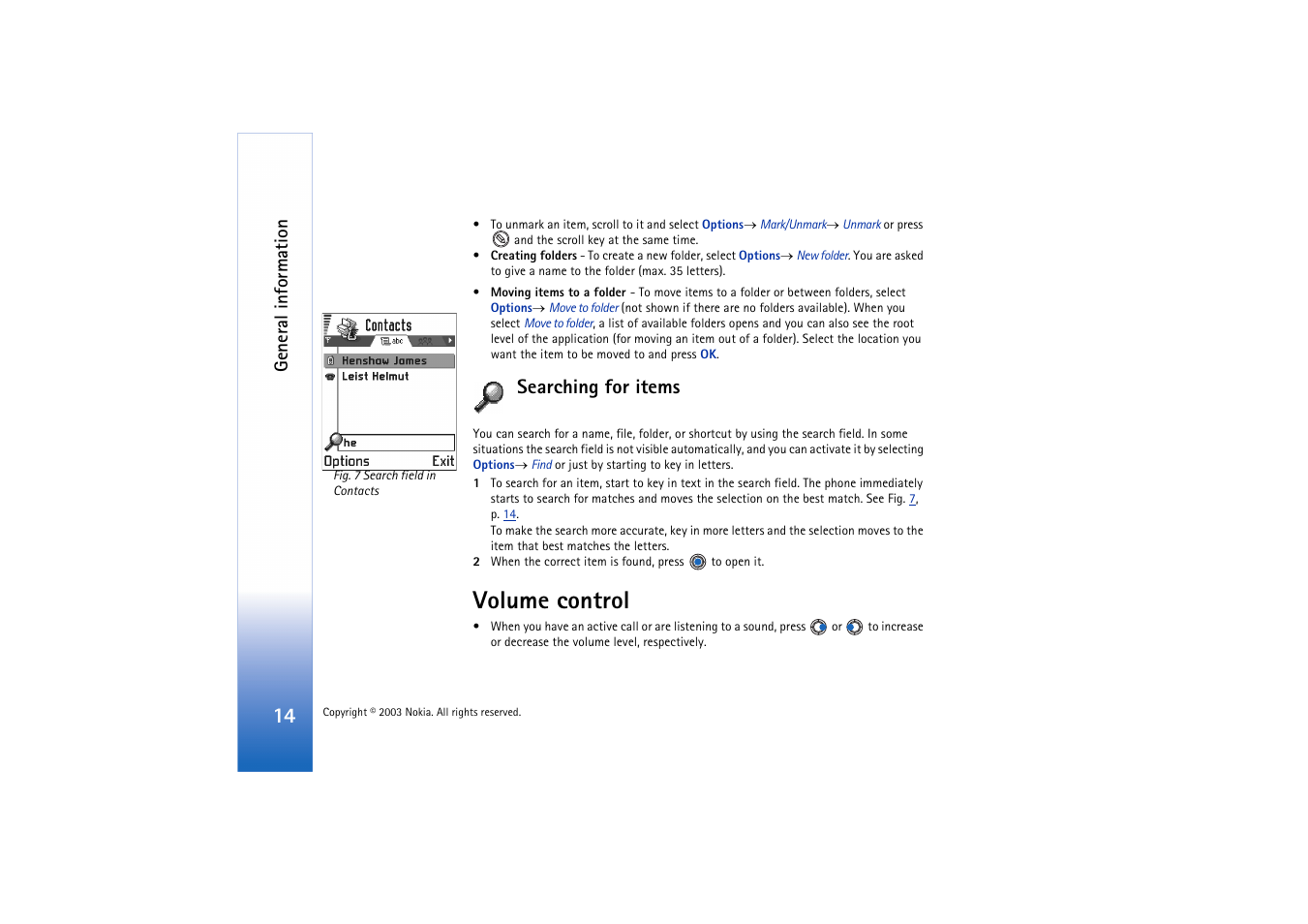 Searching for items, Volume control | Nokia 3660 User Manual | Page 14 / 157
