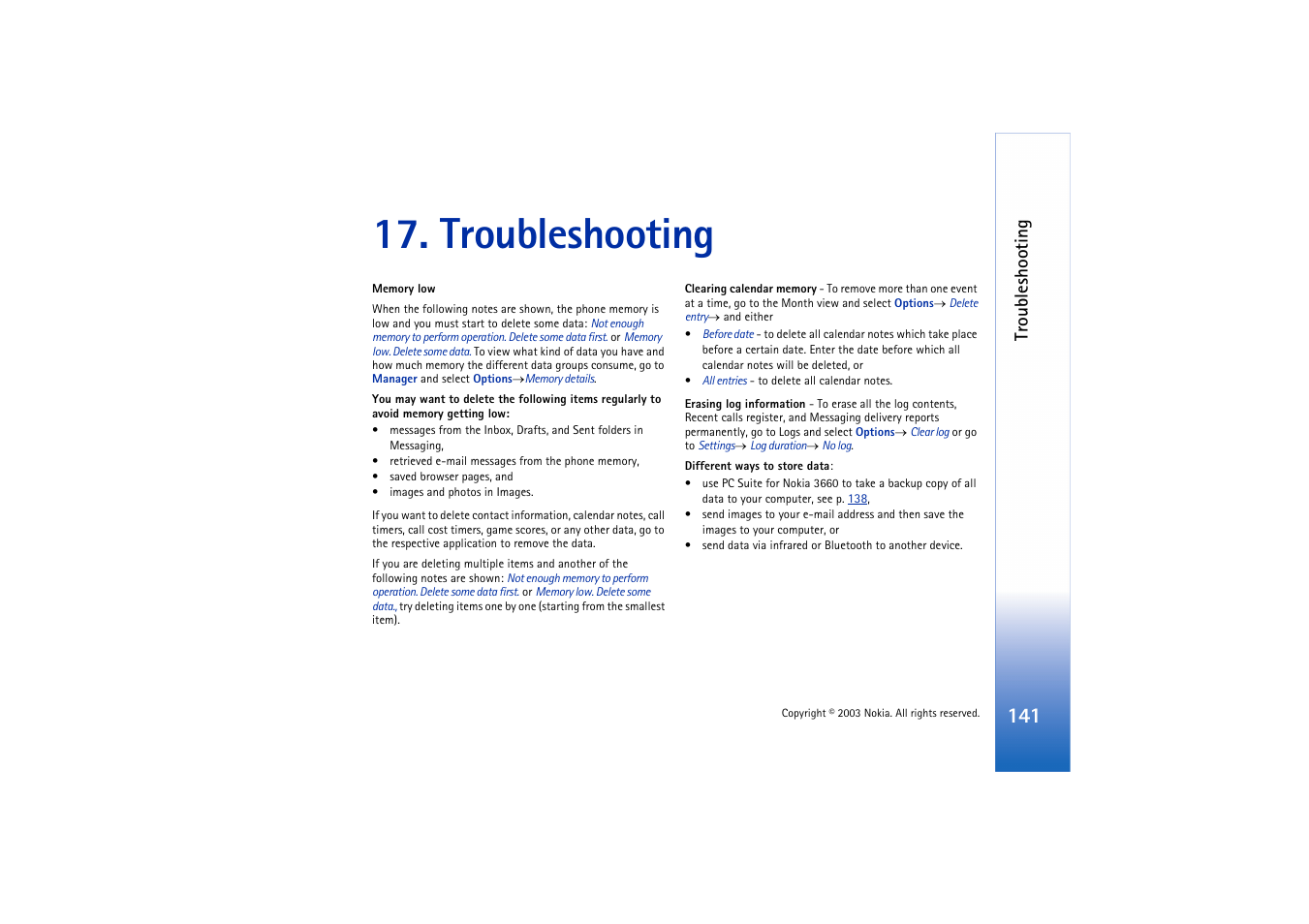 Troubleshooting, Memory low | Nokia 3660 User Manual | Page 141 / 157