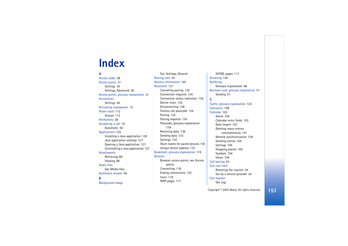 Index | Nokia 3660 User Manual | Page 151 / 157