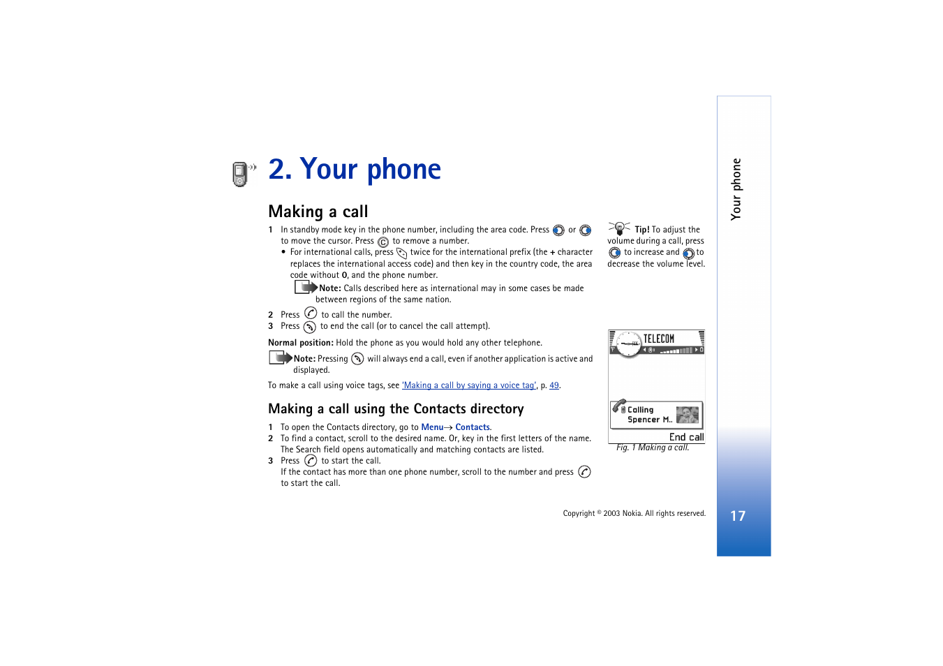 Your phone, Making a call, Making a call using the contacts directory | Nokia 3660 User Manual | Page 17 / 157