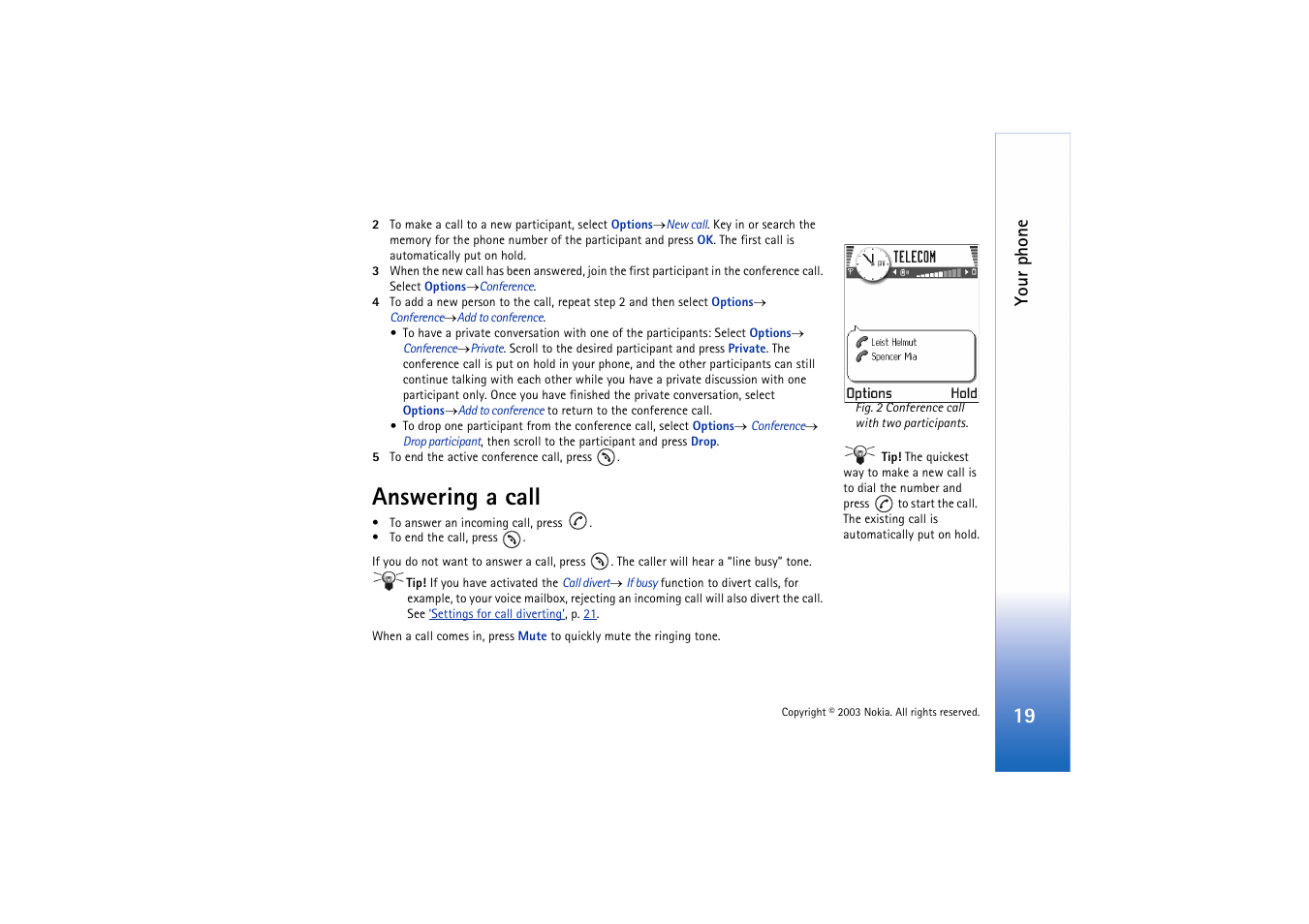 Answering a call, Your phone | Nokia 3660 User Manual | Page 19 / 157