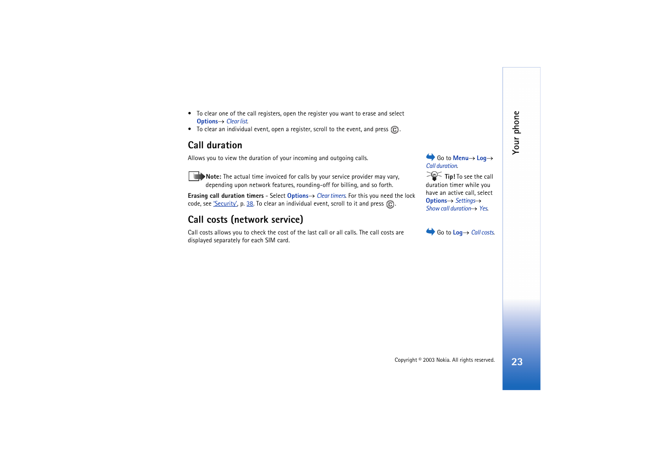 Call duration, Call costs (network service), Your phone | Nokia 3660 User Manual | Page 23 / 157