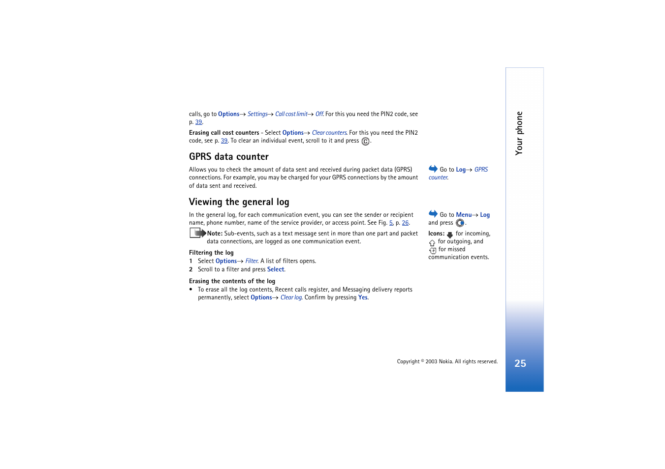 Gprs data counter, Viewing the general log, Your phone | Nokia 3660 User Manual | Page 25 / 157