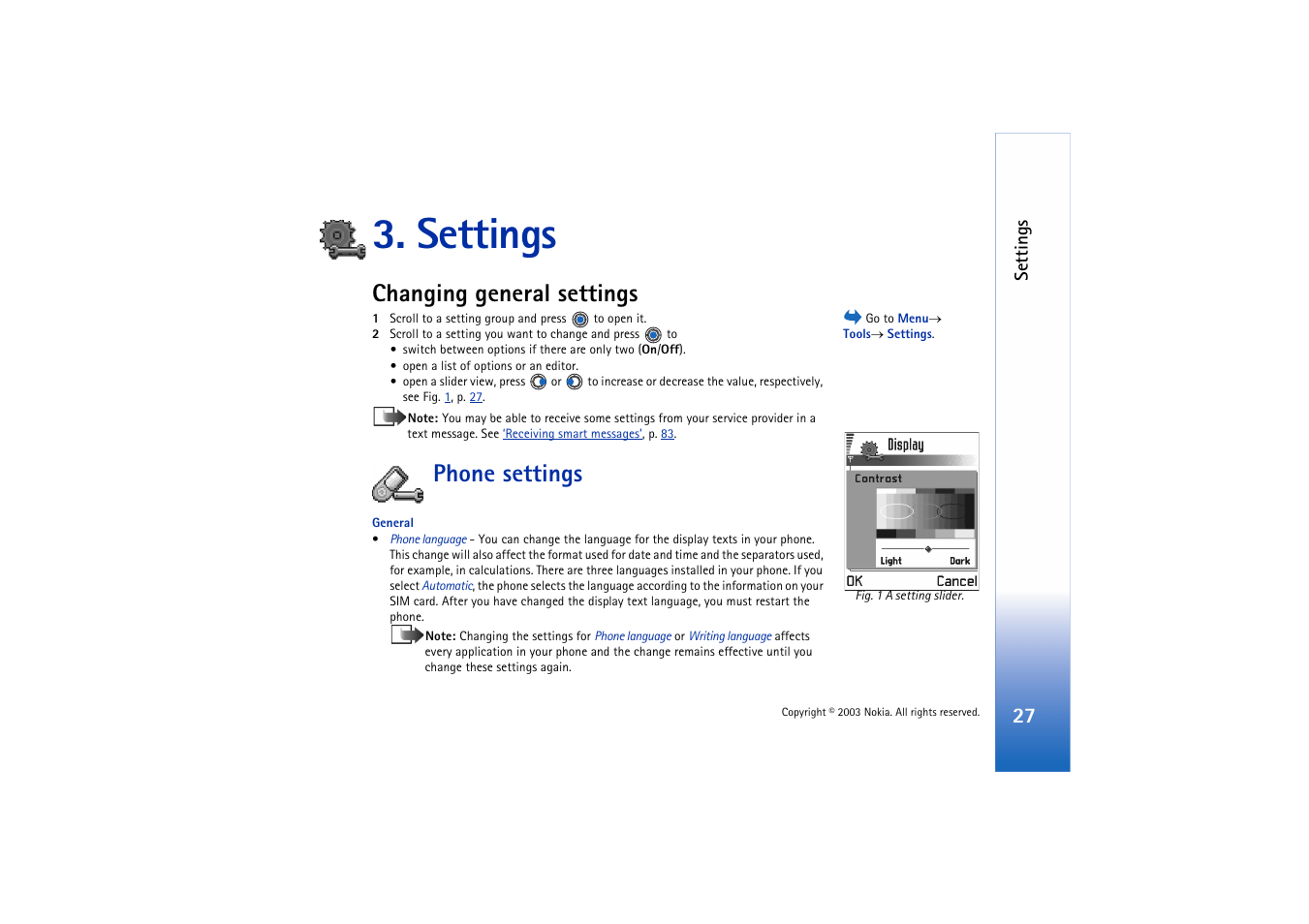 Settings, Changing general settings, Phone settings | Changing general settings phone settings | Nokia 3660 User Manual | Page 27 / 157