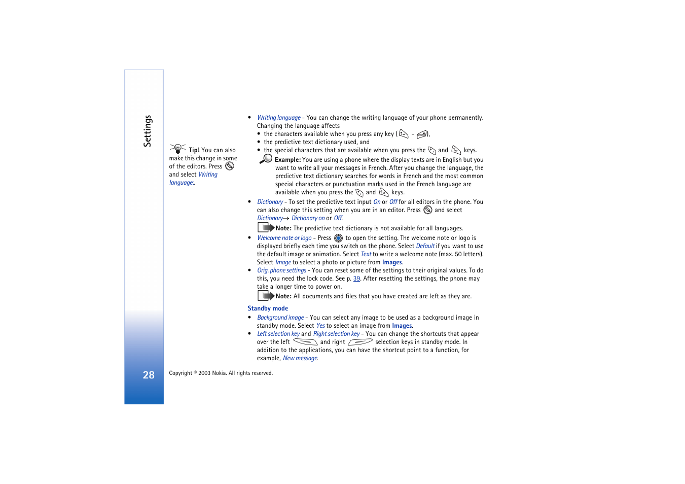 Standby, Mode, Settings | Nokia 3660 User Manual | Page 28 / 157