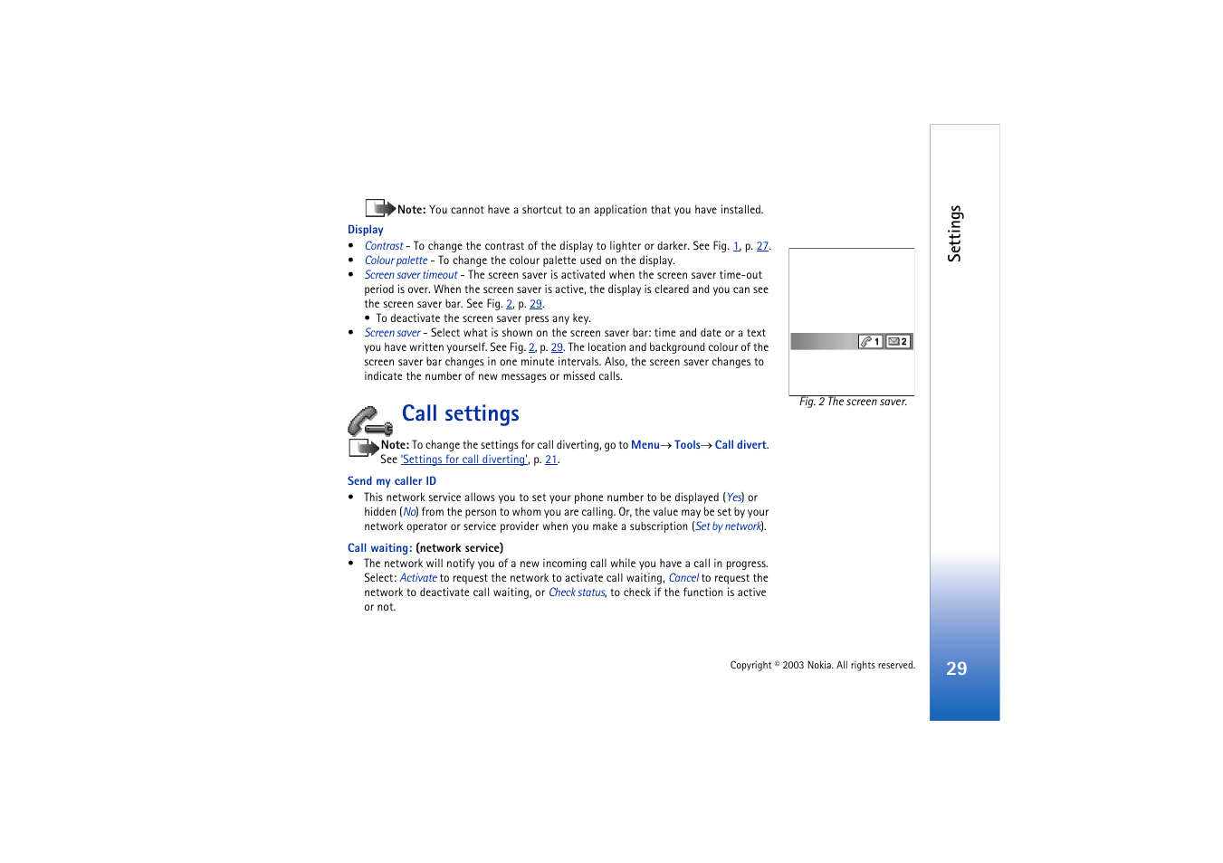 Call settings, Ble. see p, Call waiting: (network service) | Settings | Nokia 3660 User Manual | Page 29 / 157