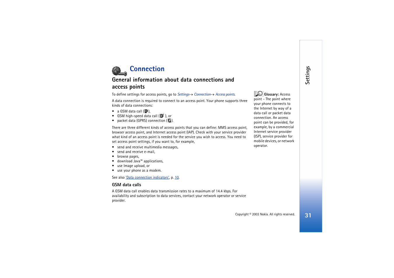 Connection, Connection settings | Nokia 3660 User Manual | Page 31 / 157