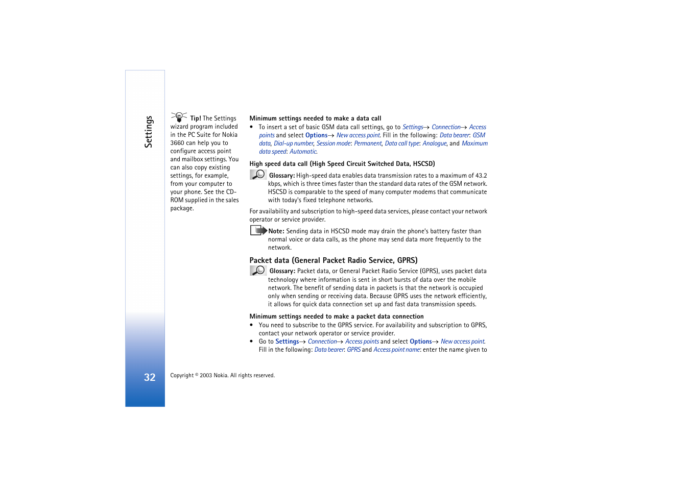 Packet data (general packet radio service, gprs), Settings | Nokia 3660 User Manual | Page 32 / 157