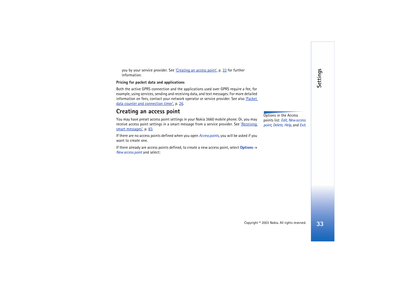 Creating an access point, Settings | Nokia 3660 User Manual | Page 33 / 157