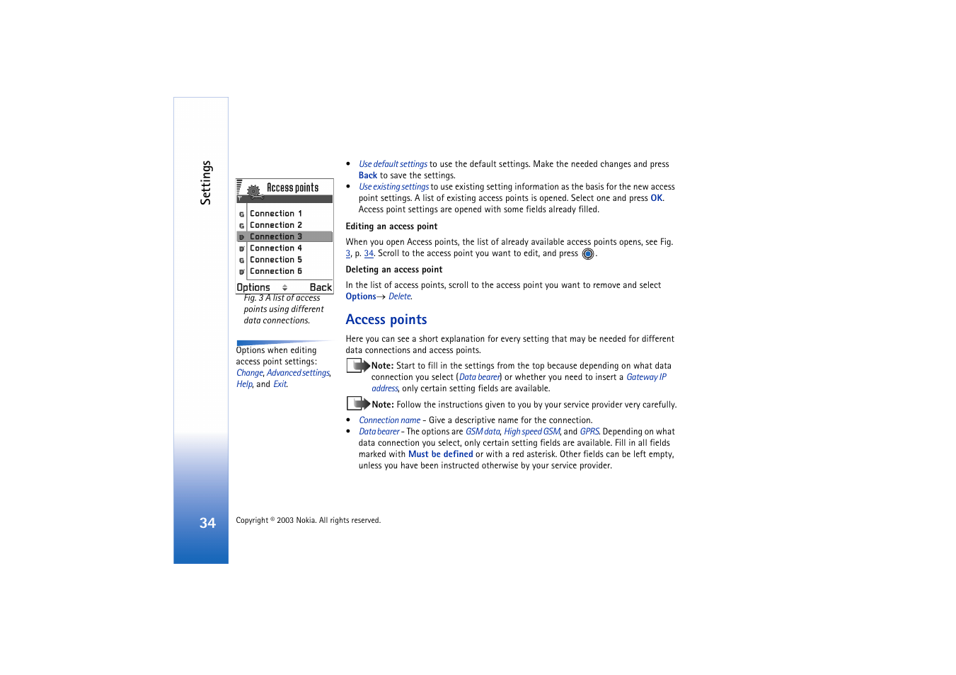 Access points, Settings | Nokia 3660 User Manual | Page 34 / 157