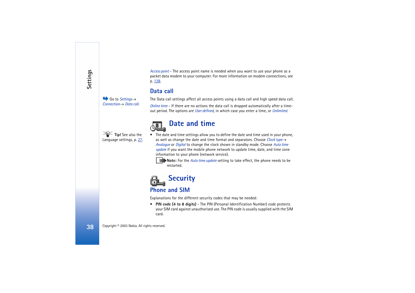 Data call, Date and time, Security | Phone and sim, Date and time security, S for | Nokia 3660 User Manual | Page 38 / 157