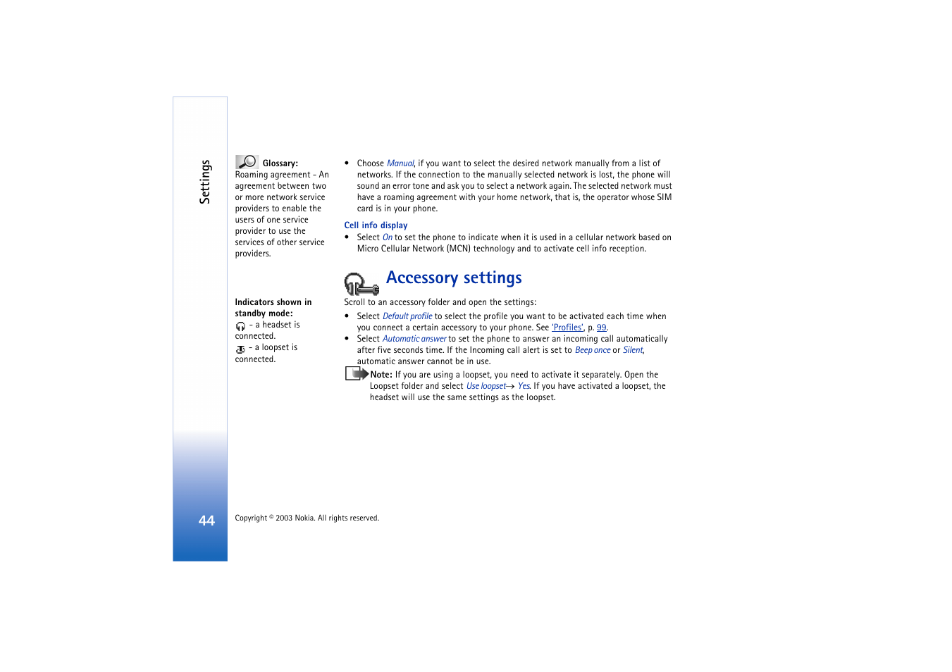 Accessory settings, Settings | Nokia 3660 User Manual | Page 44 / 157