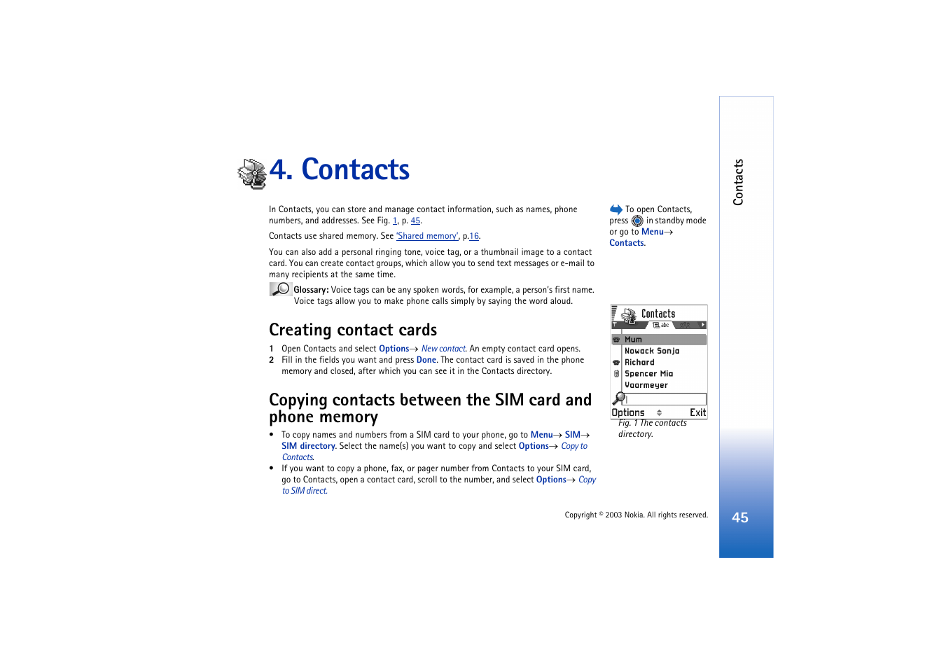 Contacts, Creating contact cards | Nokia 3660 User Manual | Page 45 / 157