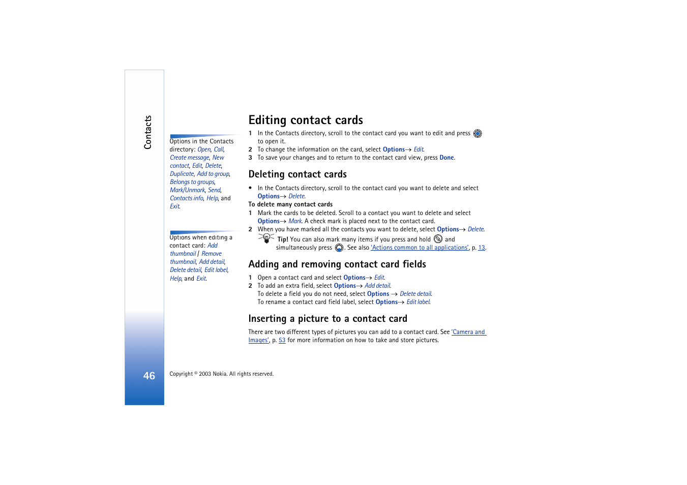 Editing contact cards, Deleting contact cards, Adding and removing contact card fields | Inserting a picture to a contact card, Contacts | Nokia 3660 User Manual | Page 46 / 157