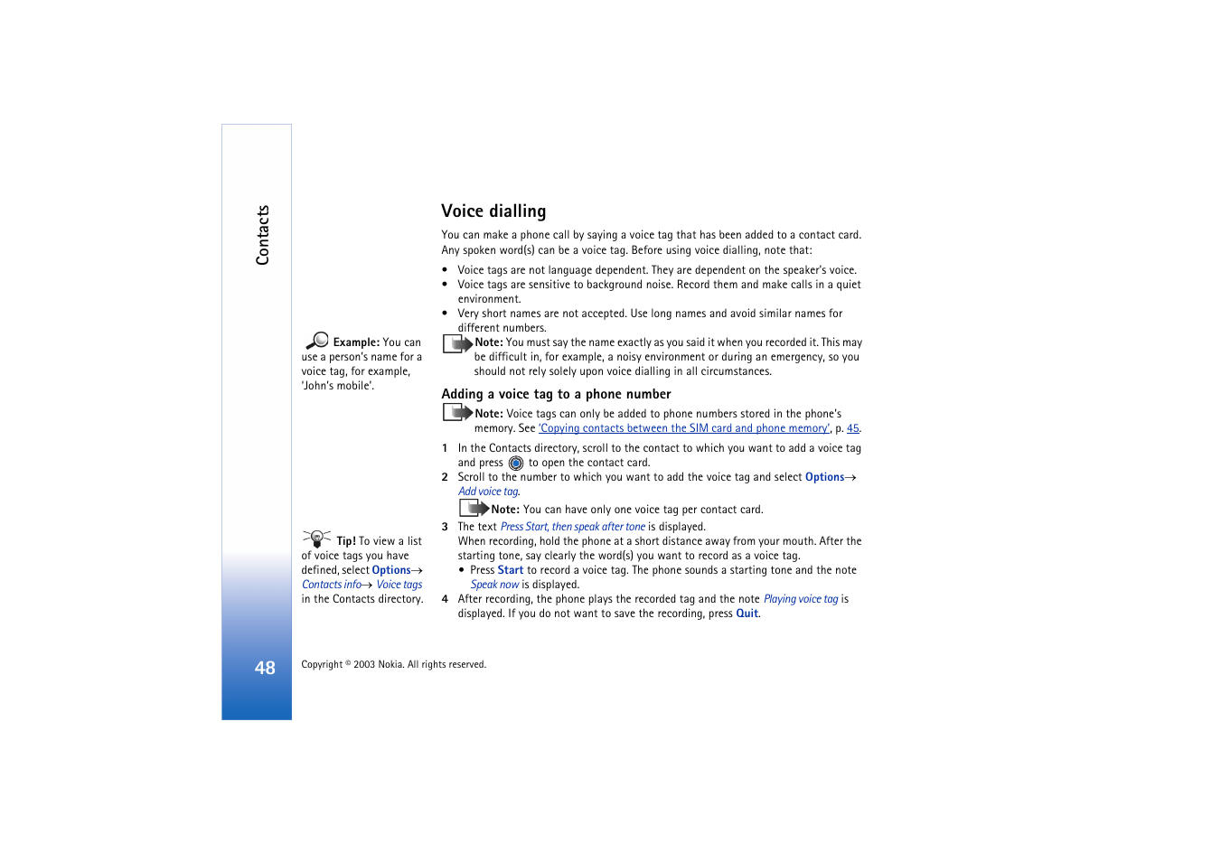 Voice dialling, Contacts | Nokia 3660 User Manual | Page 48 / 157