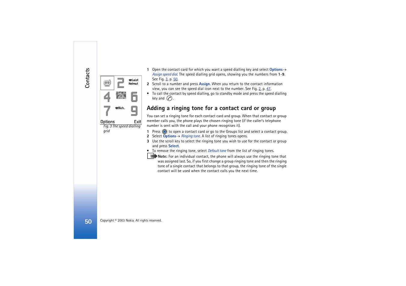Adding a ringing tone for a contact card or group, Contacts | Nokia 3660 User Manual | Page 50 / 157