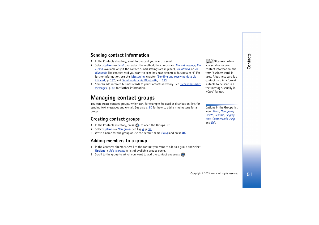 Sending contact information, Managing contact groups, Creating contact groups | Adding members to a group, Contacts | Nokia 3660 User Manual | Page 51 / 157