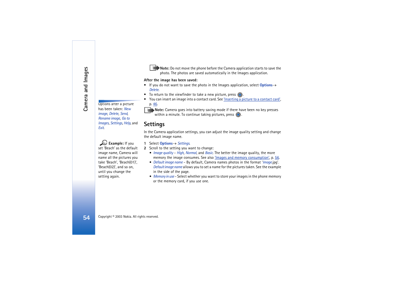 Settings, Camera and images | Nokia 3660 User Manual | Page 54 / 157