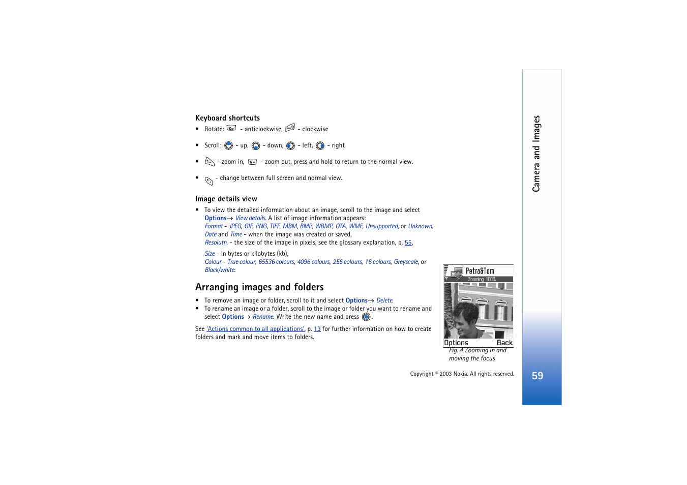 Arranging images and folders, Keyboard shortcuts, Camera and images | Nokia 3660 User Manual | Page 59 / 157