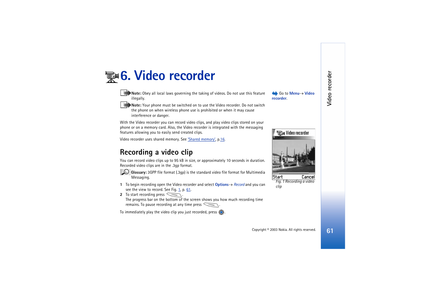 Video recorder, Recording a video clip | Nokia 3660 User Manual | Page 61 / 157