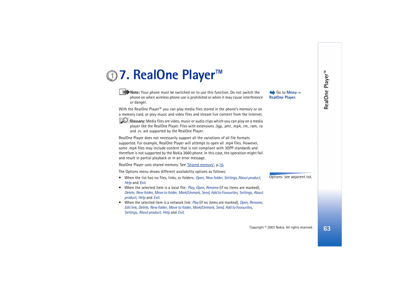 Realone player, Ip in, Realone pla yer | Nokia 3660 User Manual | Page 63 / 157