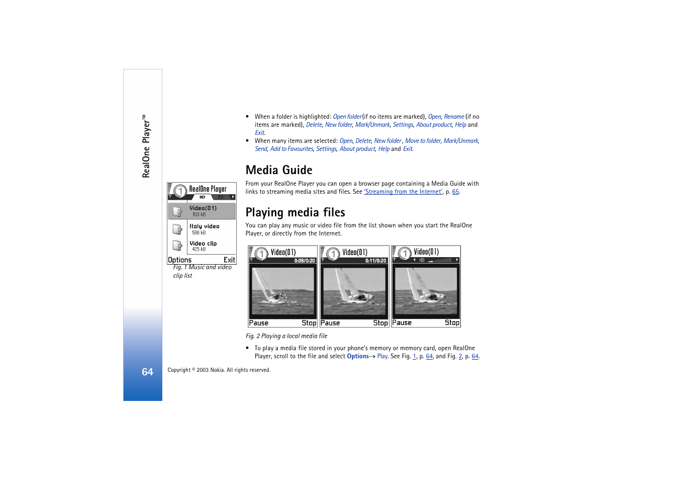 Media guide, Playing media files, Media guide playing media files | Realone pla yer | Nokia 3660 User Manual | Page 64 / 157
