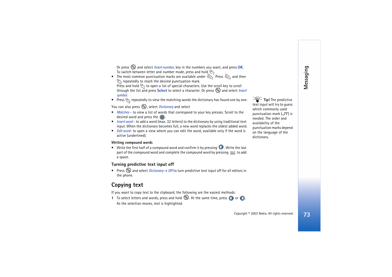 Copying text, Messaging | Nokia 3660 User Manual | Page 73 / 157