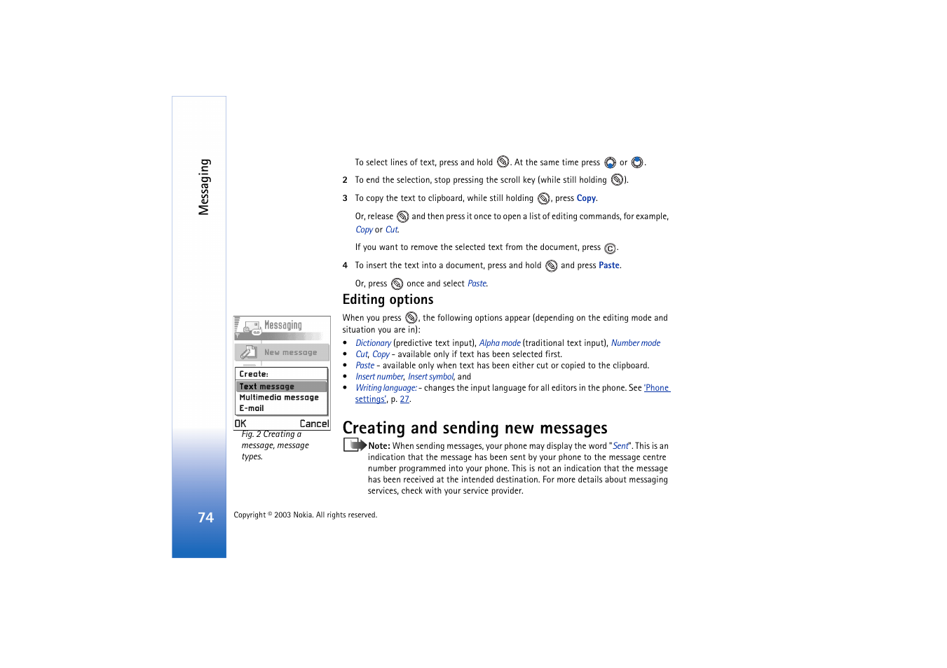 Editing options, Creating and sending new messages, Creating and sending new | Messages, Messaging | Nokia 3660 User Manual | Page 74 / 157