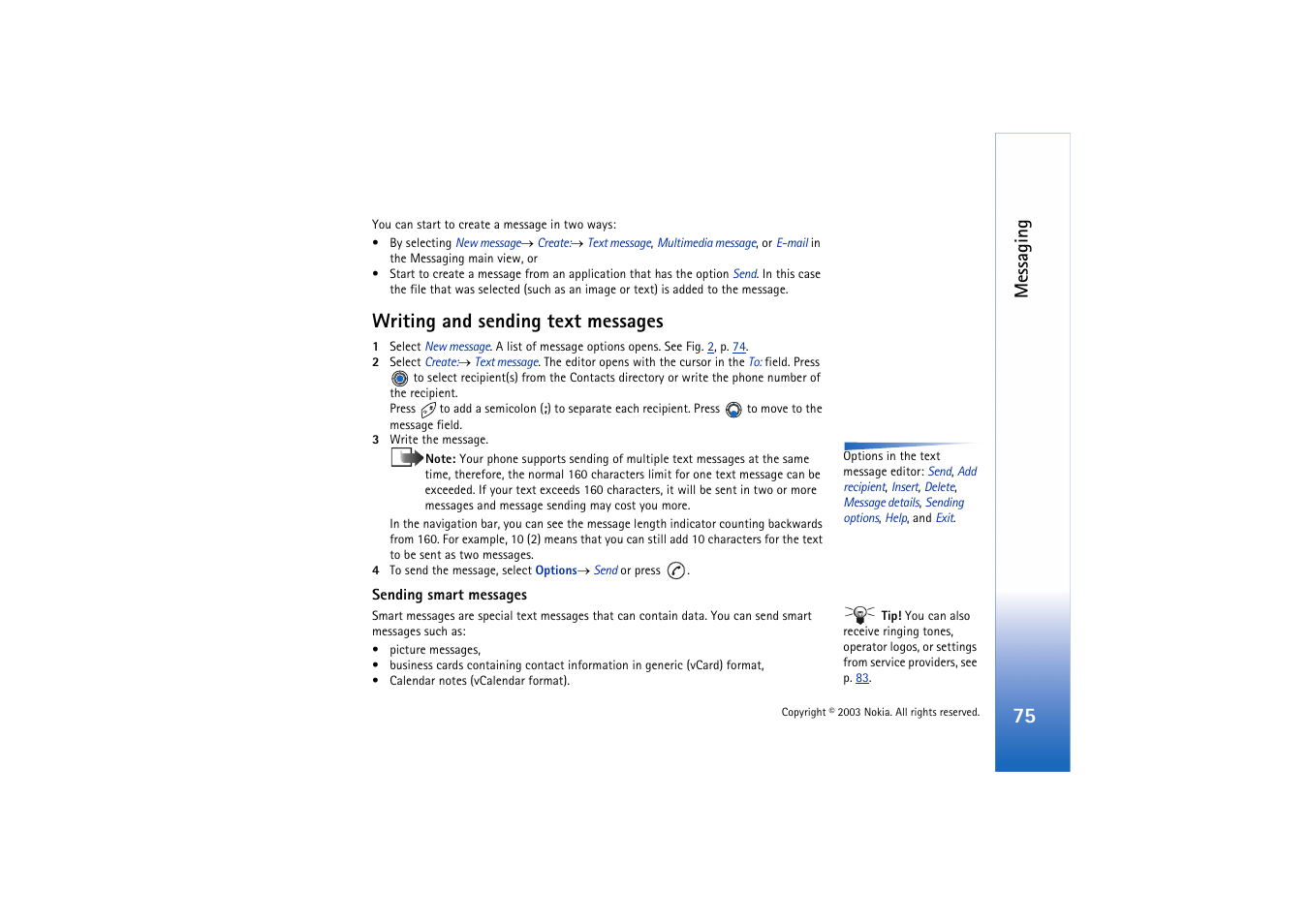 Writing and sending text messages, Messaging | Nokia 3660 User Manual | Page 75 / 157