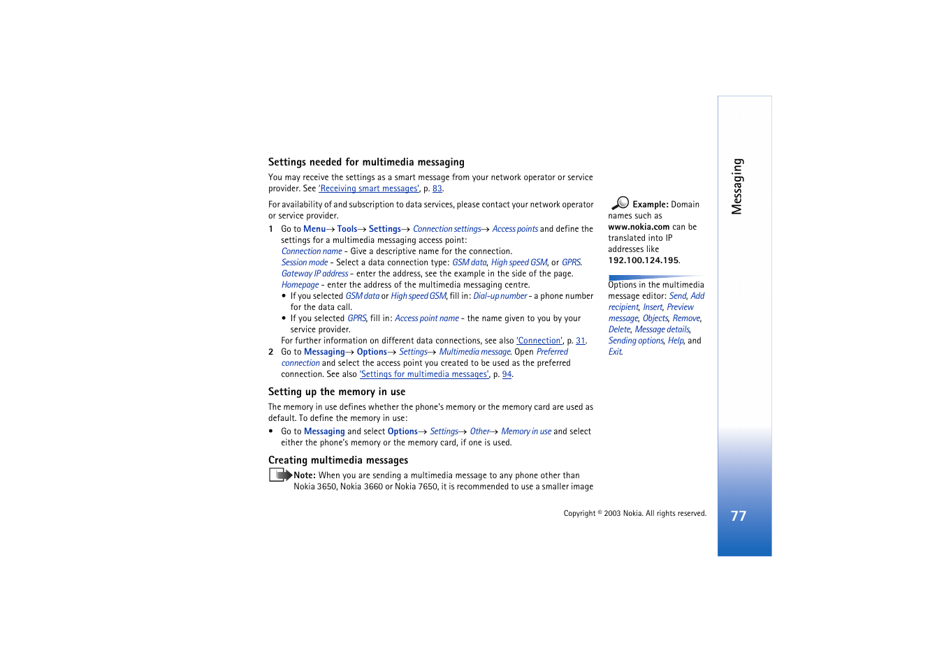Settings needed for multimedia messaging, Settings needed for multimedia, Messaging | Nokia 3660 User Manual | Page 77 / 157