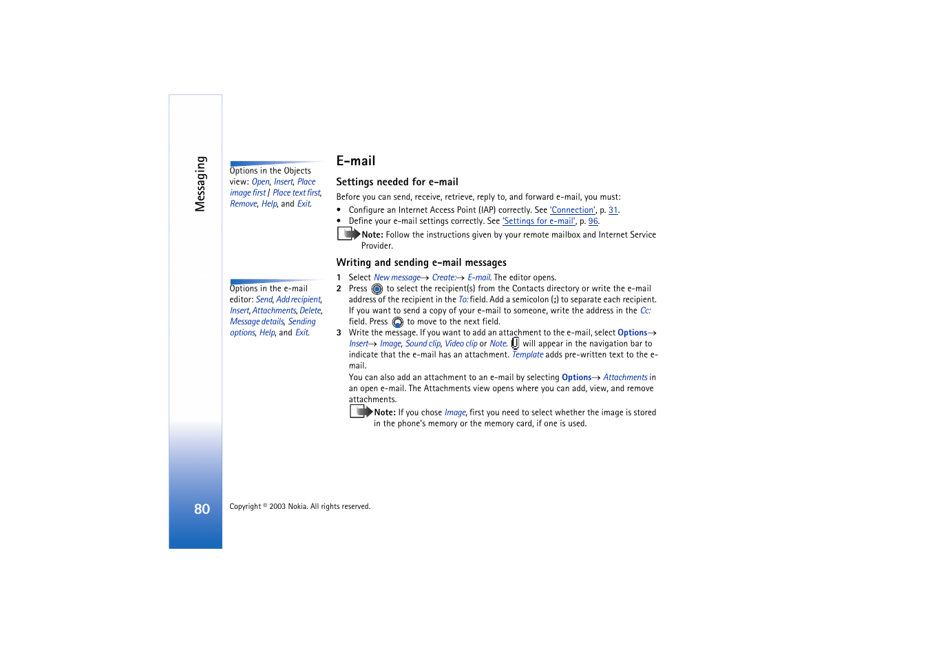 E-mail, Settings needed for e, Mail | Settings needed for e-mail, Messaging | Nokia 3660 User Manual | Page 80 / 157