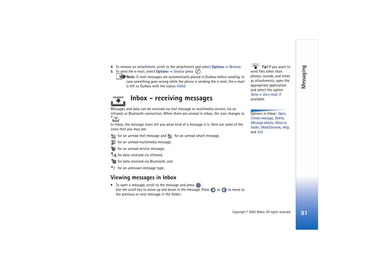 Inbox - receiving messages, Viewing messages in inbox, Messaging | Nokia 3660 User Manual | Page 81 / 157