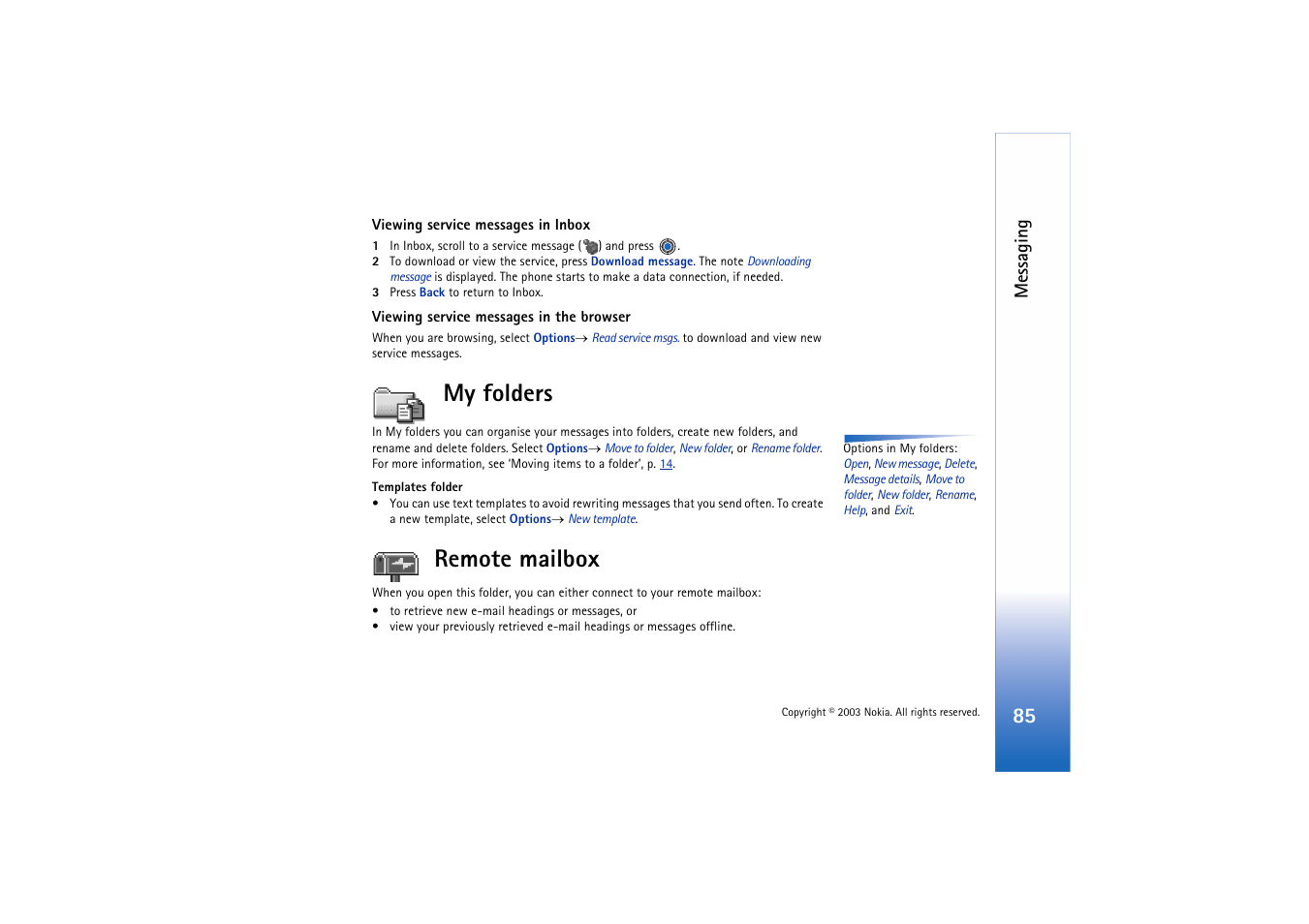 My folders, Remote mailbox, My folders remote mailbox | Messaging | Nokia 3660 User Manual | Page 85 / 157