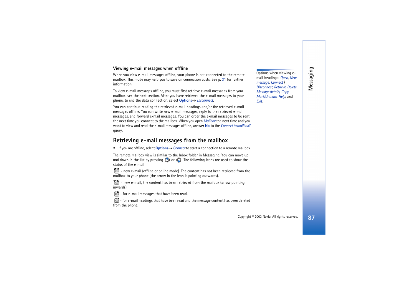 Retrieving e-mail messages from the mailbox, Messaging | Nokia 3660 User Manual | Page 87 / 157