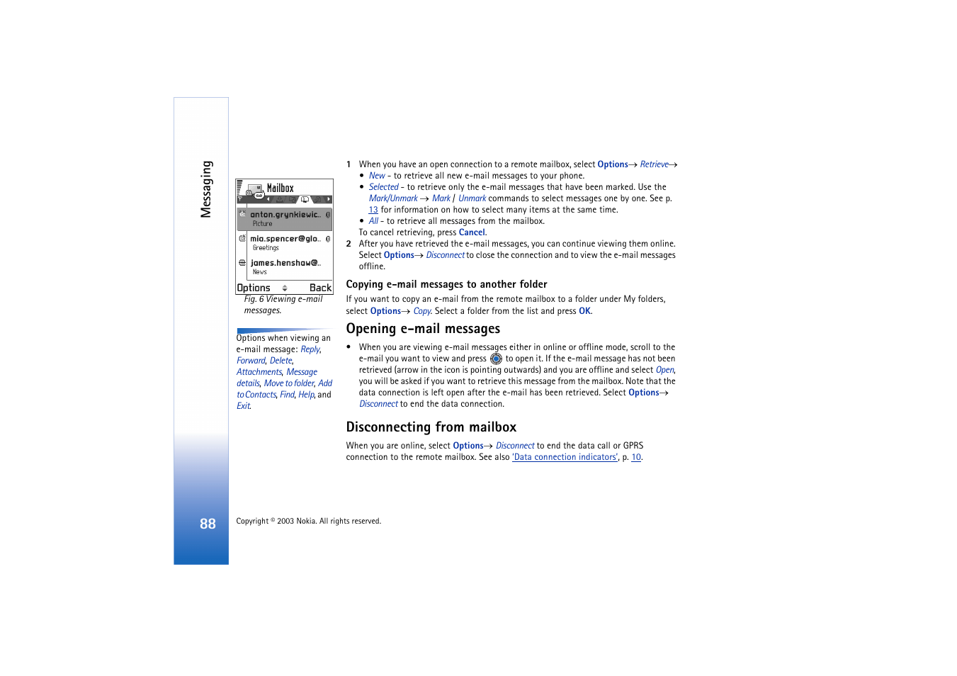 Opening e-mail messages, Disconnecting from mailbox, Messaging | Nokia 3660 User Manual | Page 88 / 157