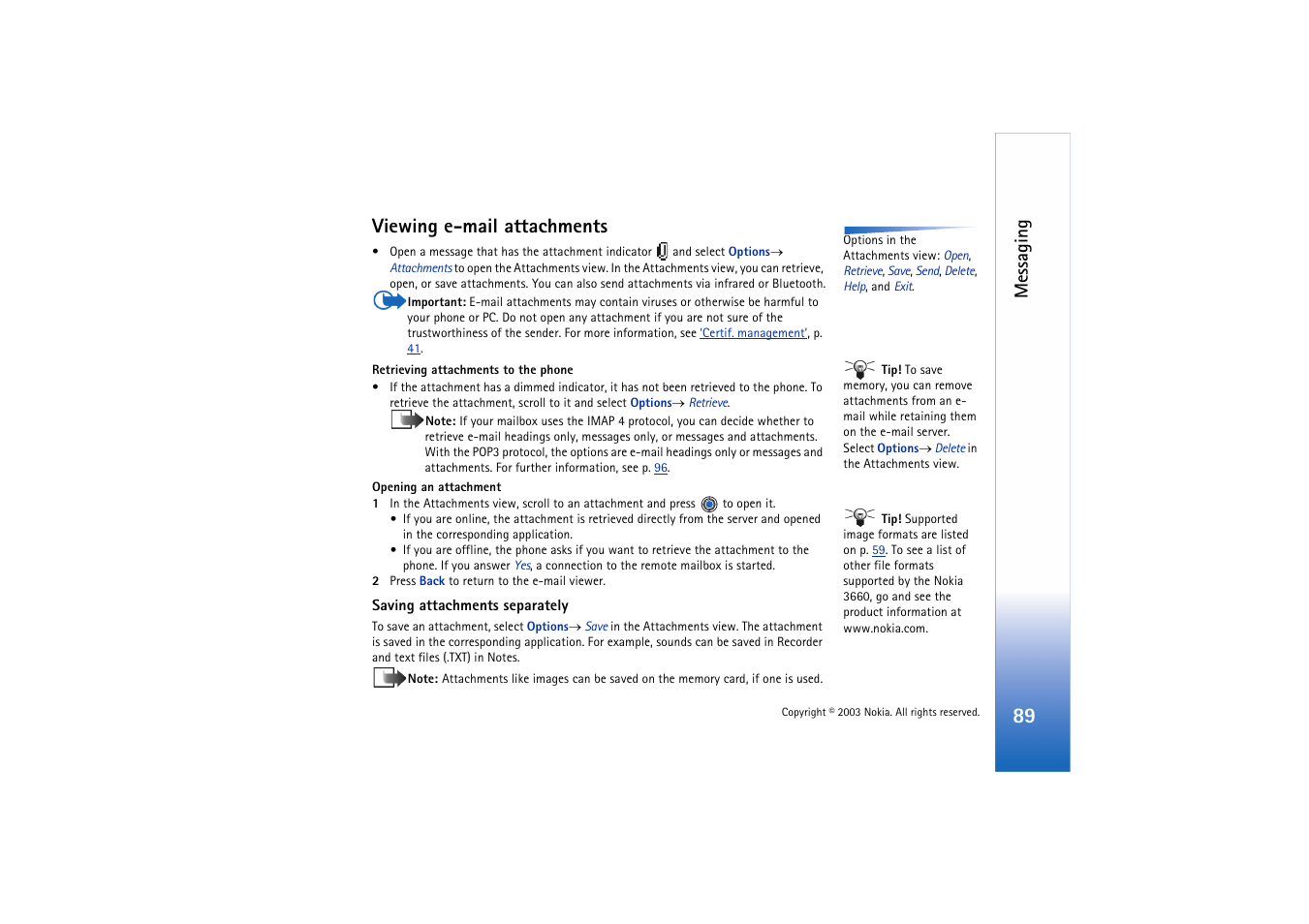 Viewing e-mail attachments, Messaging | Nokia 3660 User Manual | Page 89 / 157