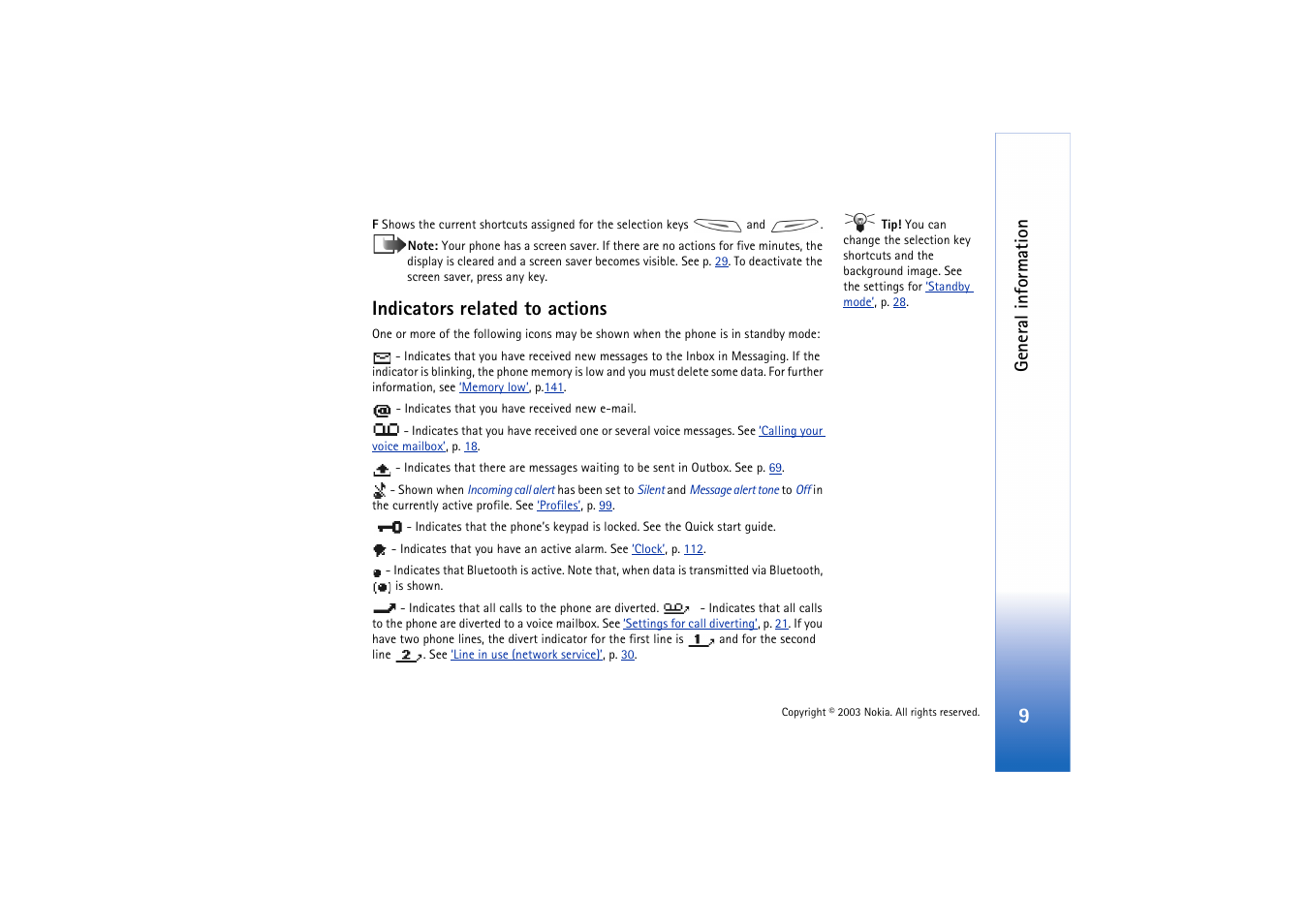 Indicators related to actions, Gene ral i n formati o n | Nokia 3660 User Manual | Page 9 / 157