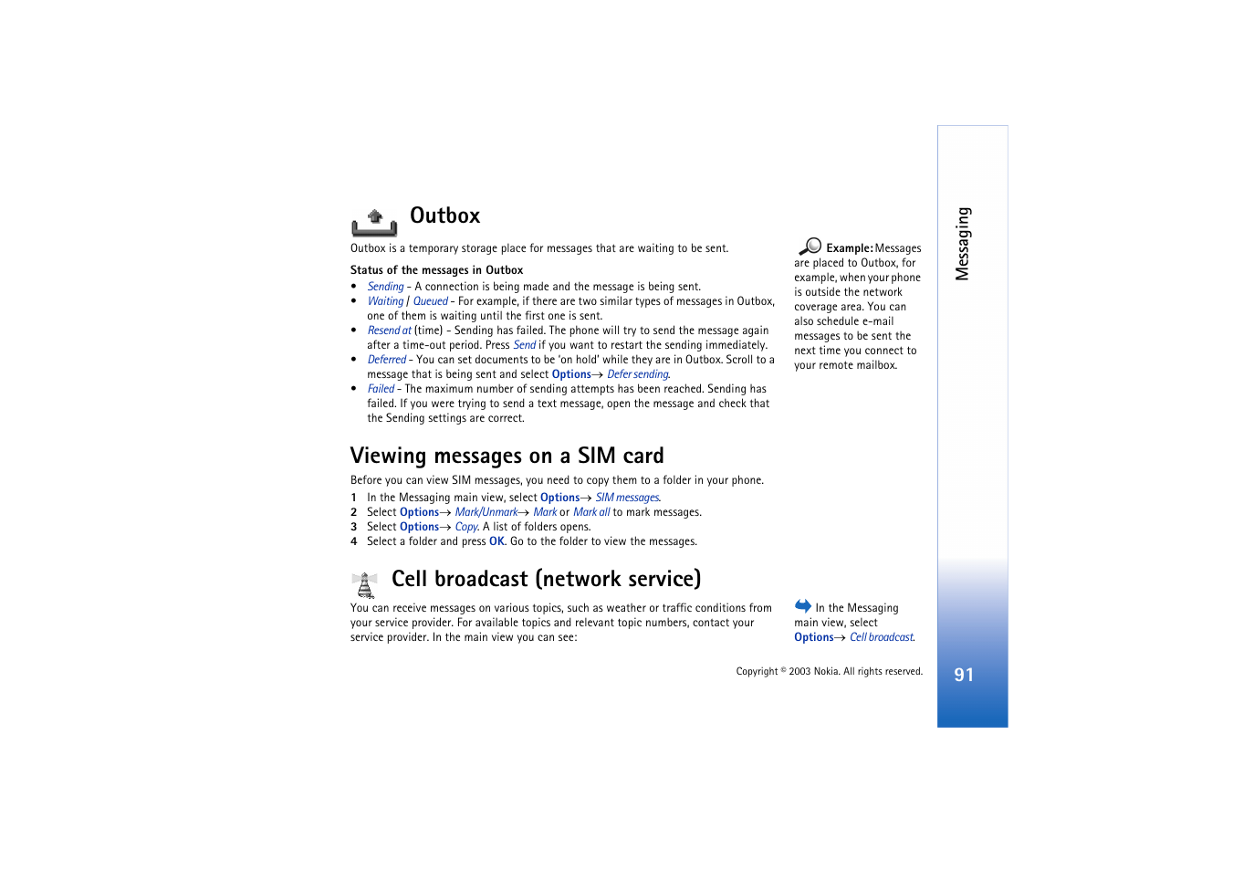 Outbox, Viewing messages on a sim card, Cell broadcast (network service) | Messaging | Nokia 3660 User Manual | Page 91 / 157