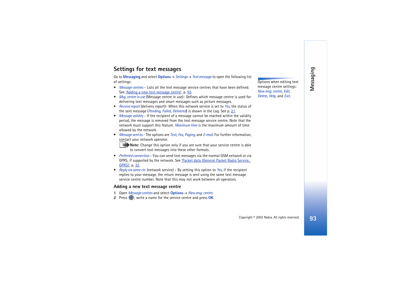 Settings for text messages, Messaging | Nokia 3660 User Manual | Page 93 / 157