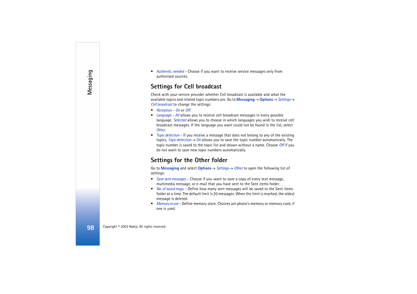 Settings for cell broadcast, Settings for the other folder, Messaging | Nokia 3660 User Manual | Page 98 / 157